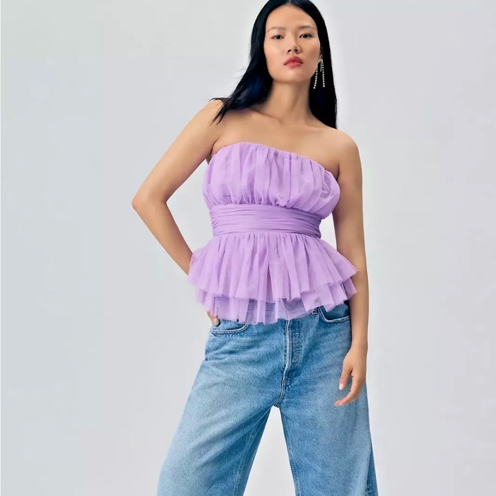 NWT ANTHROPOLOGIE FLAT WHITE BRAND TULLE STRAPLESS TUBE BLOUSE TOP LAVENDER M - Picture 1 of 5